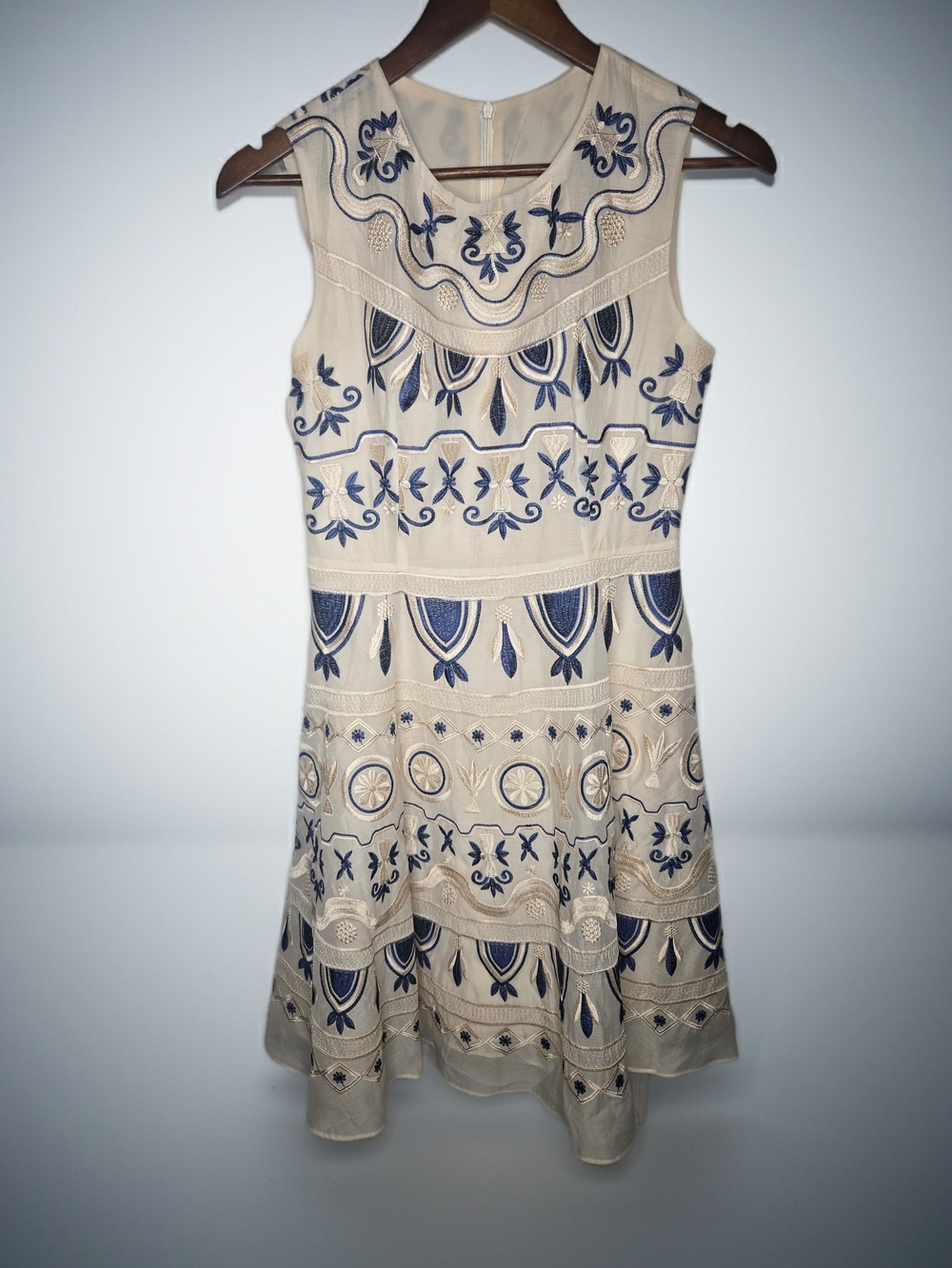 Embroidered Cream & Blue Silk Fit & Flare Sleeveless Mini Dress - Size L